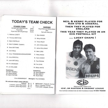 Staines Town v Barking FA Cup Football Programme + Team Sheet 1997/98