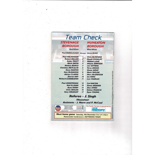 Stevenage Borough v Nuneaton Borough Replay FA Cup Football Programme 2000/01