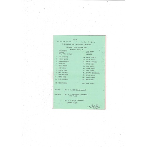 Stourbridge v V S Rugby FA Cup Football Programme 1985/86