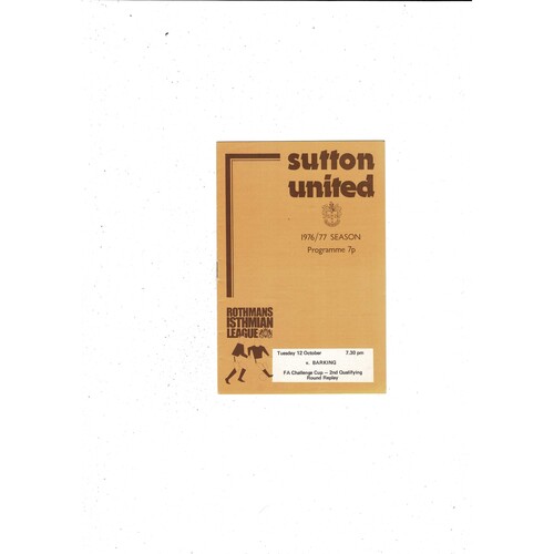 Sutton United v Barking FA Cup Football Programme 1976/77