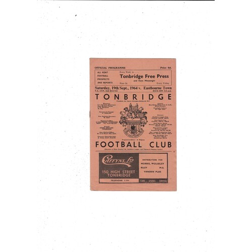 Tonbridge v Eastbourne Town FA Cup Football Programme 1964/65