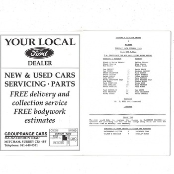 Tooting & Mitcham v Molesey FA Cup Replay Football Programme 1993/94