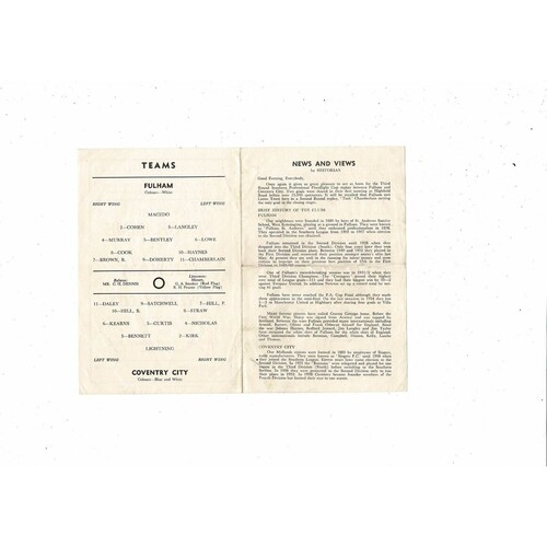 1959/60 Fulham v Coventry City Southern Floodlight Cup Replay Football Programme @ Brentford