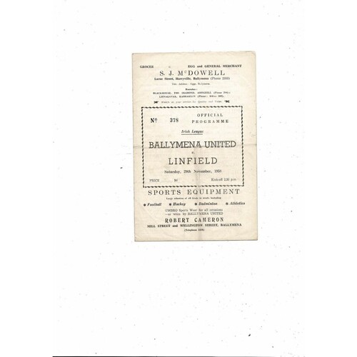 1958/59 Ballymena United v Linfield Irish League Football Programme