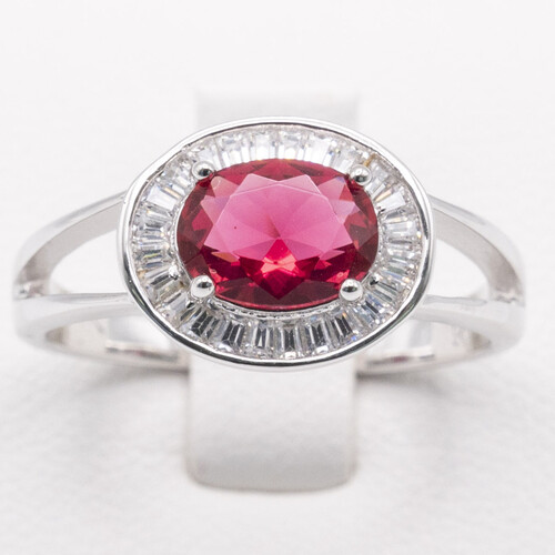 Halo Set Pink Tourmaline on Silver and Rhodium