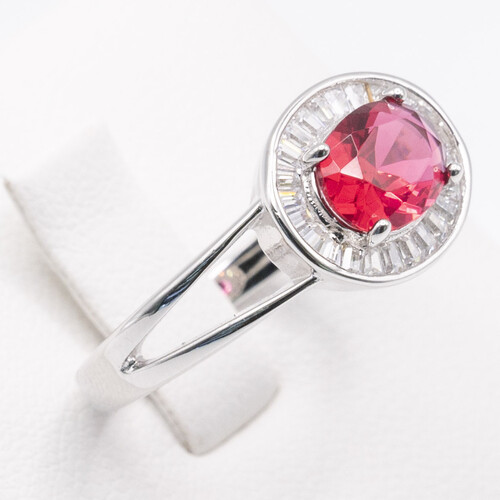 Halo Set Pink Tourmaline on Silver and Rhodium