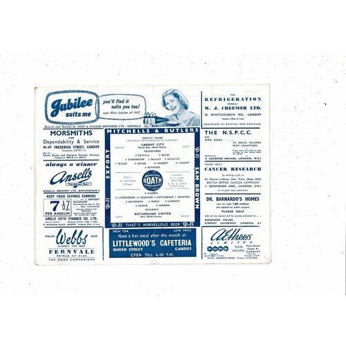 1957/58 Cardiff City v Rotherham United Football Programme