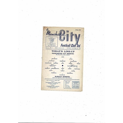 Manchester City v Burnley Central League Football Programme 1958/59