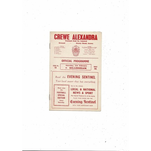 1958/59 Crewe Alexandra v Gillingham Football Programme