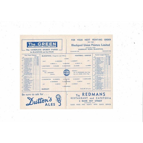 1958/59 Blackpool v Burnley Football Programme