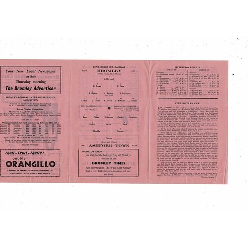 1963/64 Bromley v Ashford Town Kent Senior Cup Football Programme
