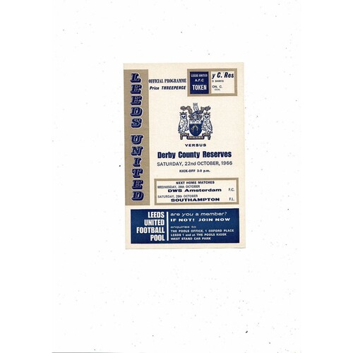 Leeds United v Derby County Central League Football Programme 1966/67