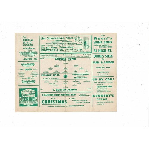 1962/63 Ashford Town (Kent) v Burton Albion Southern League Football Programme
