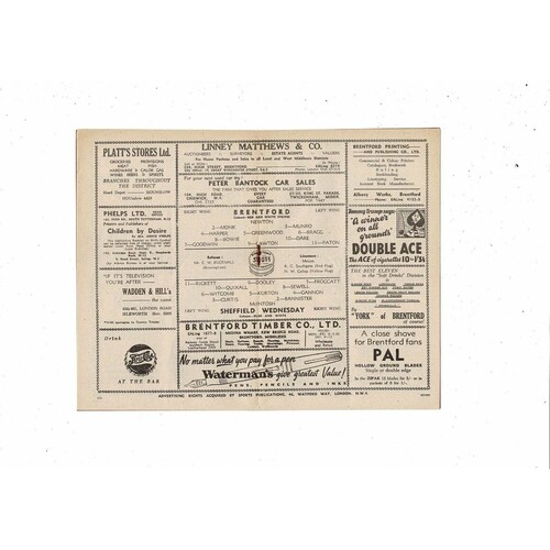 1951/52 Brentford v Sheffield Wednesday Football Programme