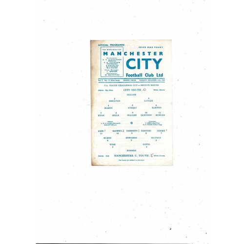 Manchester City v Manchester United FA Youth Cup Football Programme 1965/66