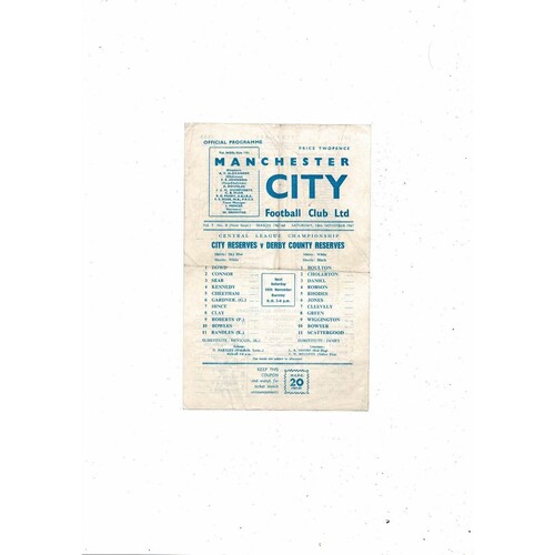 Manchester City v Derby County Central League Football Programme 1967/68