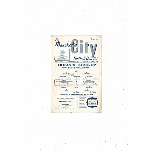 Manchester City v Sheffield Wednesday Central League Football Programme 1956/57
