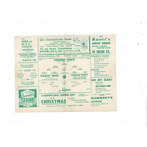 1963/64 Ashford Town (Kent) v Barry Southern League Football Programme