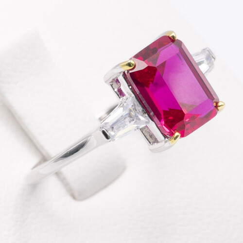 Rectangular Cut Pink Zircon Stone Set on Silver and Rhodium