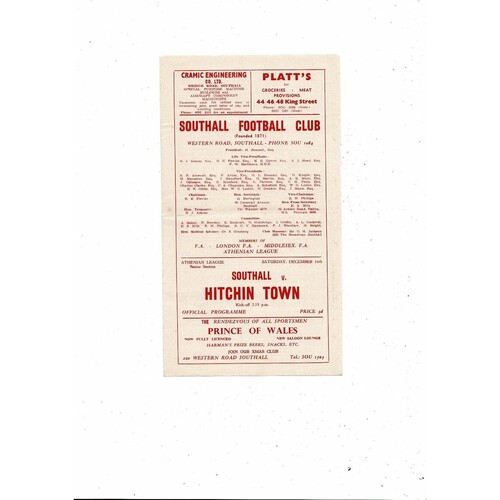 1961/62 Southall v Hitchin Town Athenian League Football Programme