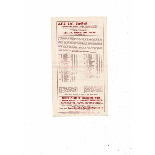 1961/62 Southall v Hitchin Town Athenian League Football Programme