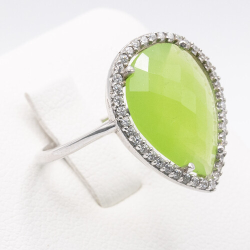 Green Calcite Stone Set On 925 Sterling Silver Ring Plated in Rhodium