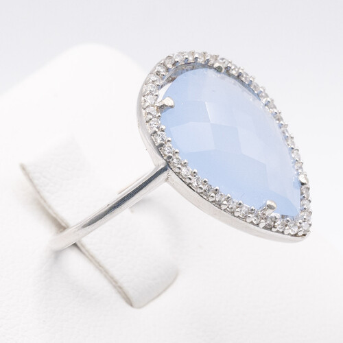 Blue Chalcedony Stone Set On 925 Sterling Silver Ring Plated in Rhodium