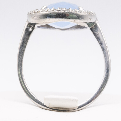Blue Chalcedony Stone Set On 925 Sterling Silver Ring Plated in Rhodium