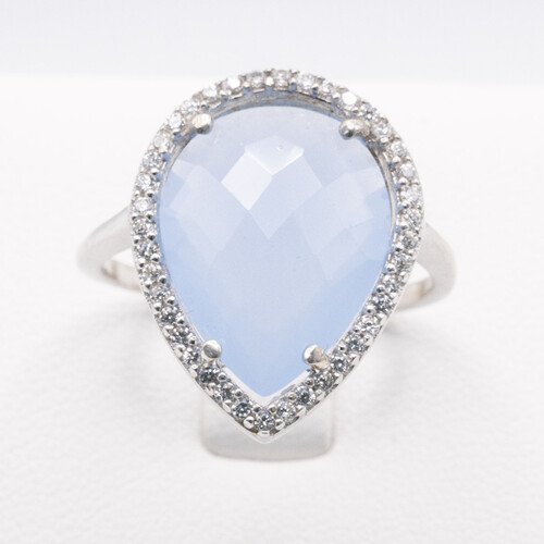 Blue Chalcedony Stone Set On 925 Sterling Silver Ring Plated in Rhodium