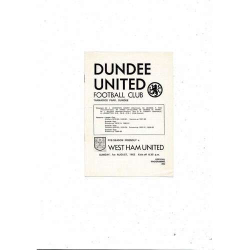 Dundee United v West Ham United Friendly Football Programme 1982/83