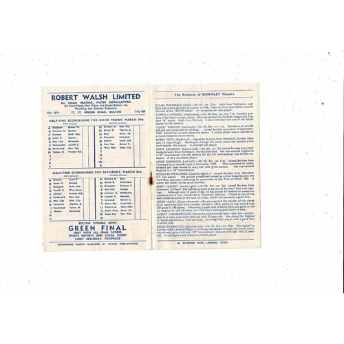 1955/56 Bolton v Burnley Football Programme