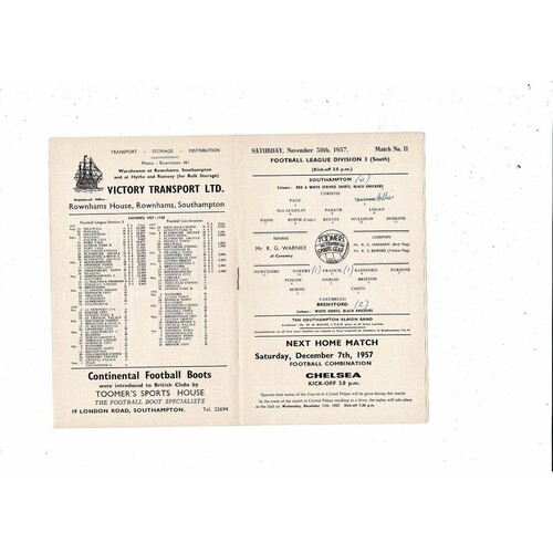 1957/58 Southampton v Brentford Football Programme