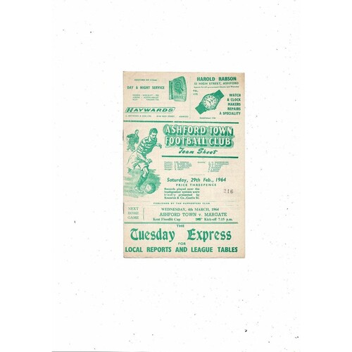 1963/64 Ashford Town (Kent) v Tunbridge Wells Southern League Football Programme