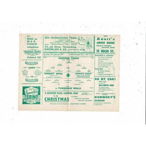 1963/64 Ashford Town (Kent) v Tunbridge Wells Southern League Football Programme