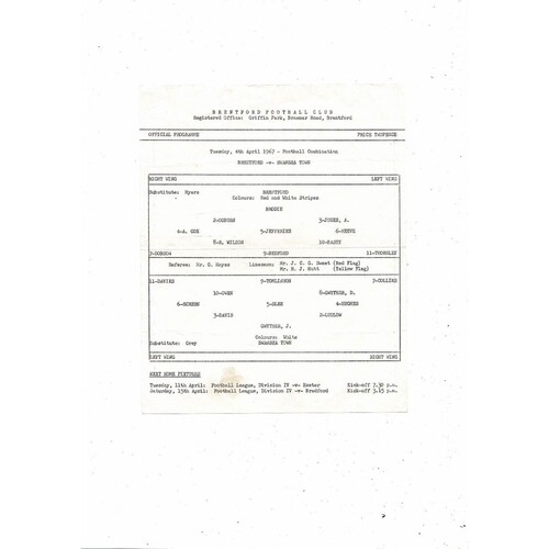 Brentford v Swansea Football Combination Programme 1966/67