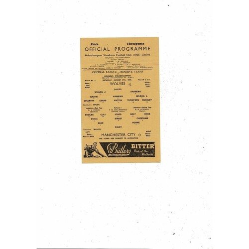 Wolves v Manchester City Central League Football Programme 1966/67