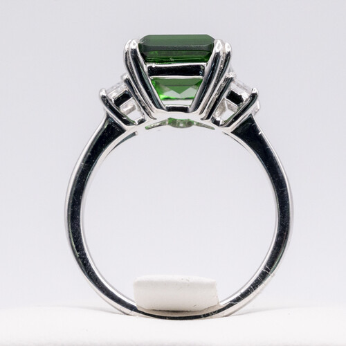 Square cut green zirconia stone set on rhodium plated 925 sterling silver ring