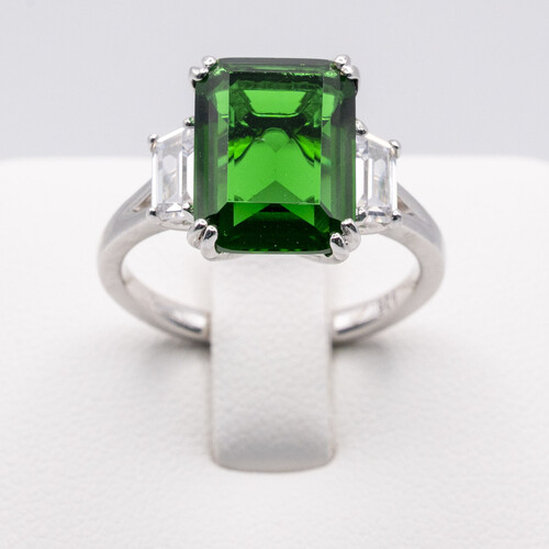 Square cut green zirconia stone set on rhodium plated 925 sterling silver ring