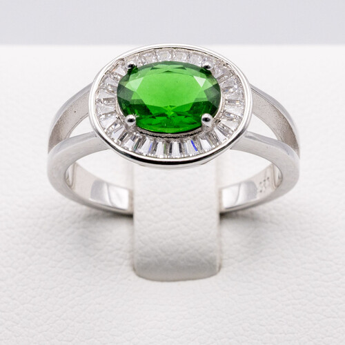 Halo set green zirconia stone on rhodium plated 925 sterling silver ring