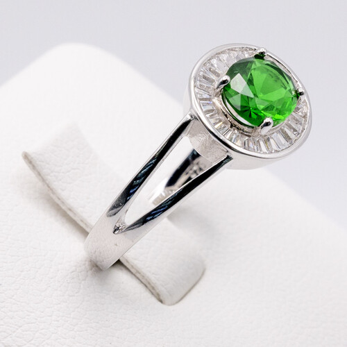 Halo set green zirconia stone on rhodium plated 925 sterling silver ring