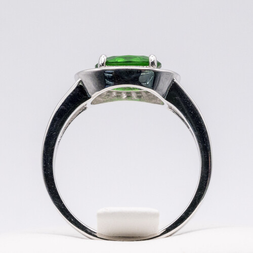 Halo set green zirconia stone on rhodium plated 925 sterling silver ring