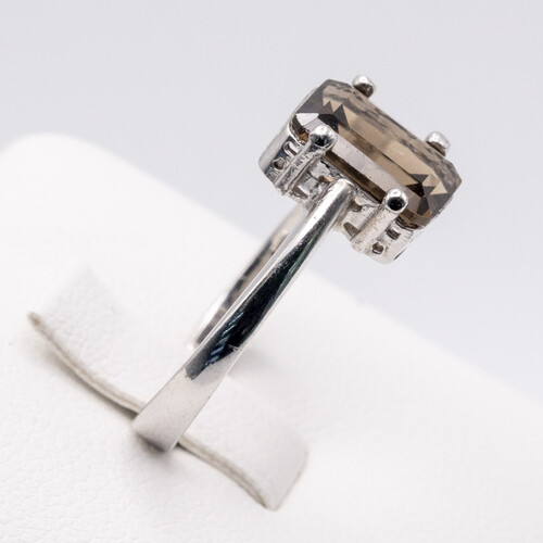 Rectangle cut solitaire smoky quartz set on rhodium plated 925 sterling silver ring