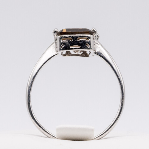 Rectangle cut solitaire smoky quartz set on rhodium plated 925 sterling silver ring