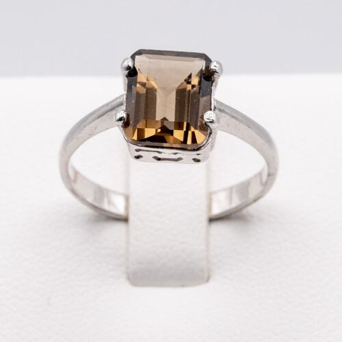 Rectangle cut solitaire smoky quartz set on rhodium plated 925 sterling silver ring