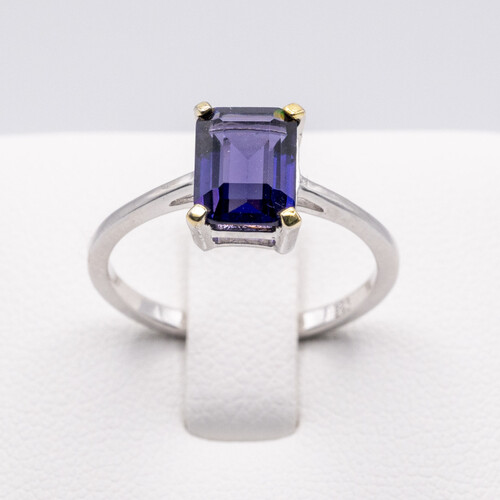 Rectangle cut solitaire purple zirconia set on rhodium plated 925 sterling silver ring