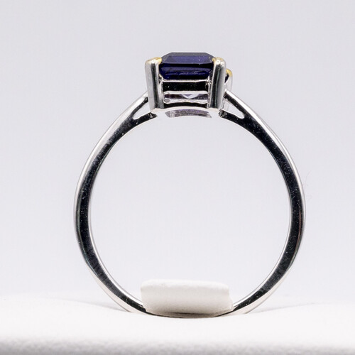 Rectangle cut solitaire purple zirconia set on rhodium plated 925 sterling silver ring