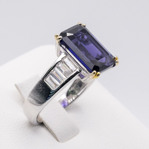 Rectangle cut solitaire purple zirconia set on rhodium plated 925 sterling silver ring