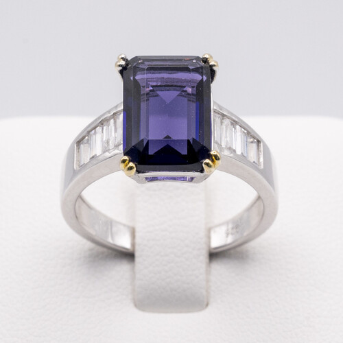Rectangle cut solitaire purple zirconia set on rhodium plated 925 sterling silver ring