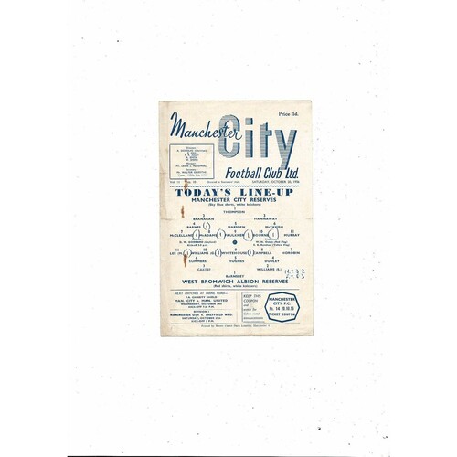 Manchester City v West Bromwich Albion Central League Football Programme 1956/57