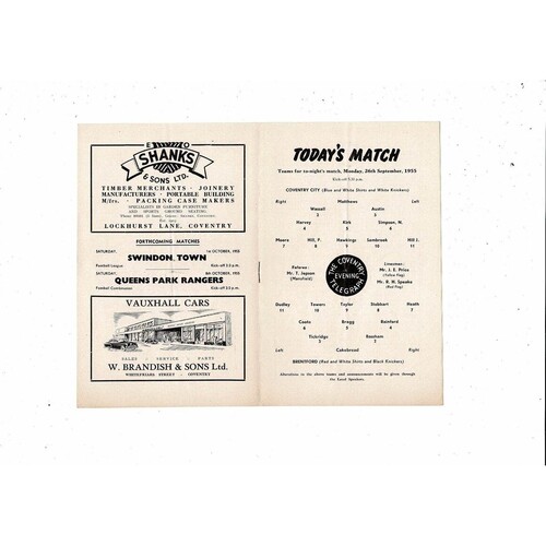 1955/56 Coventry City v Brentford Football Programme